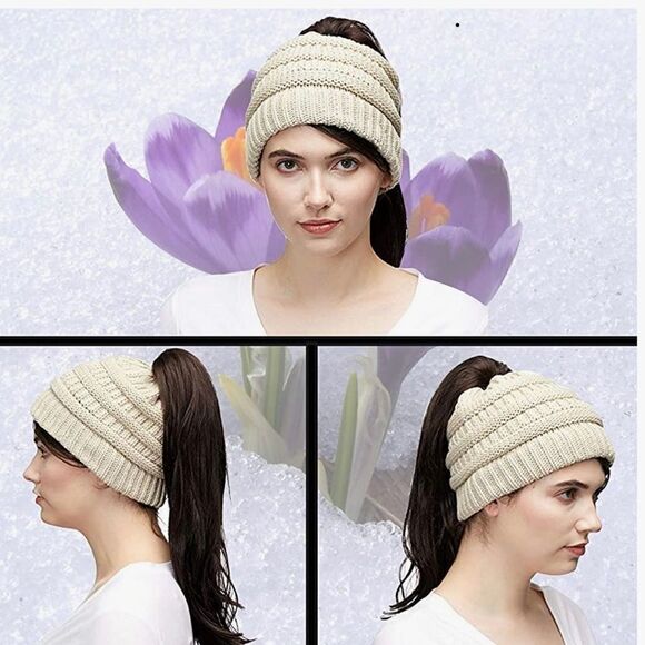 Ponytail Beanie Hat Warm Knit Winter Hat for Messy Bun Ponytail - Picture 1 of 7